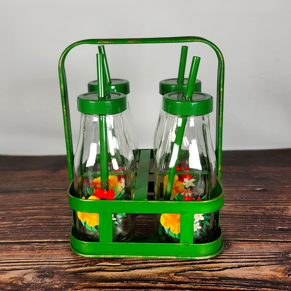 4 piece set of glass Milk bottles with carrying metal rack with handle
